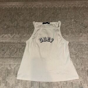 OBEY Women's White Crop Tank Top Medium Y2K Streetwear Logo Graphic Sleeveless